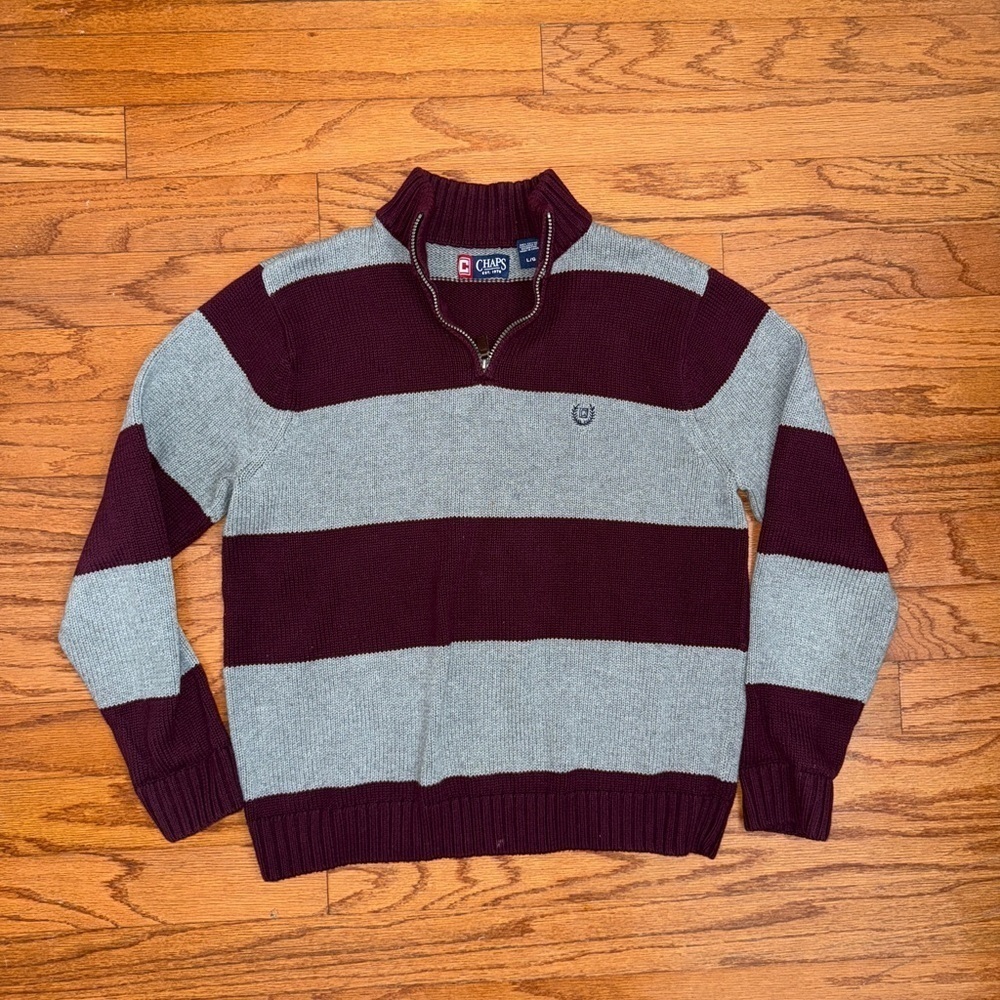 Vintage 90s Y2K Chaps by Ralph Lauren Gray Burgundy Striped Knit Sweater Large - Picture 4 of 4
